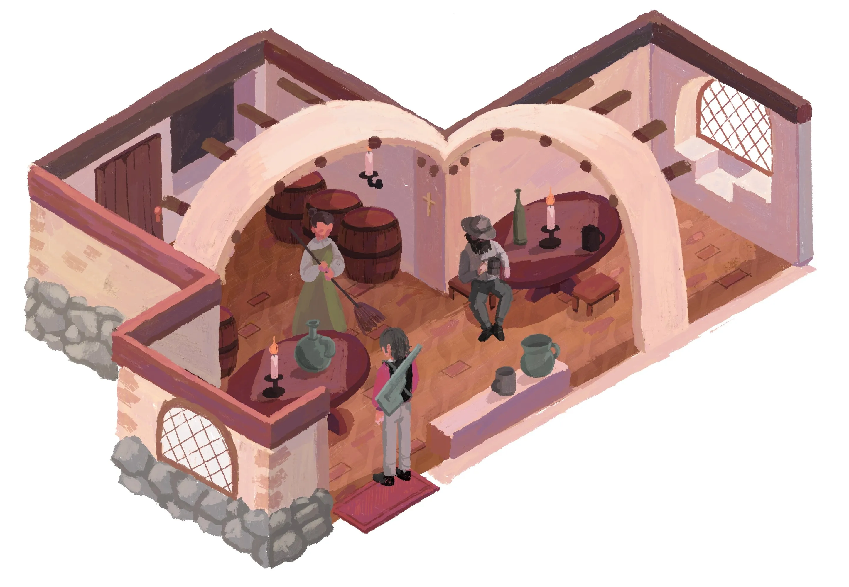 Render isométrico de una taberna del siglo XVI con estancias abovedadas, toneles, mesas con velas y varios personajes.