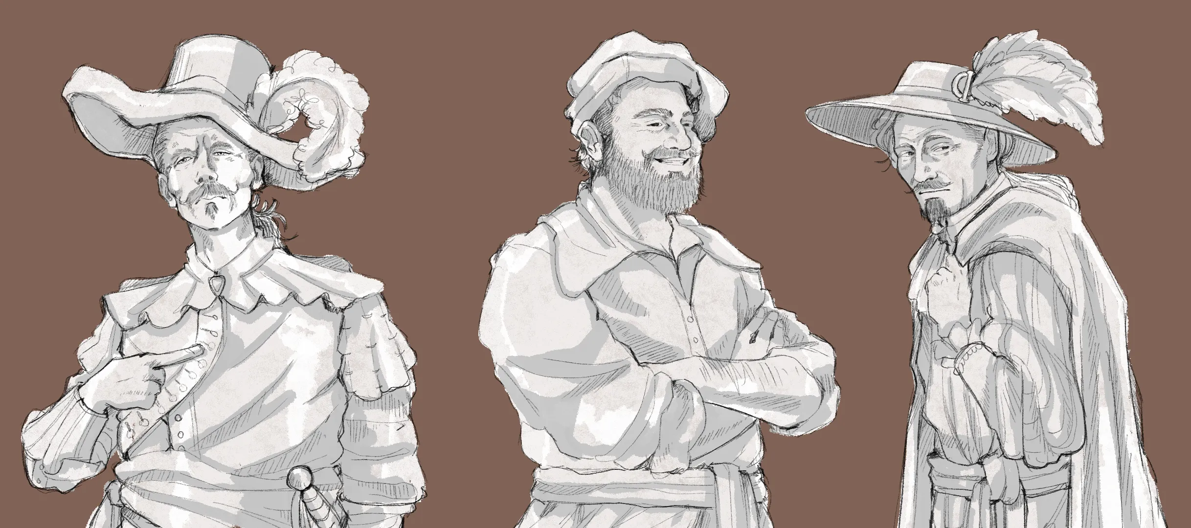 Bocetos conceptuales de tres personajes con vestimenta noble del Siglo de Oro: sombreros de ala ancha con plumas, golas y capas.