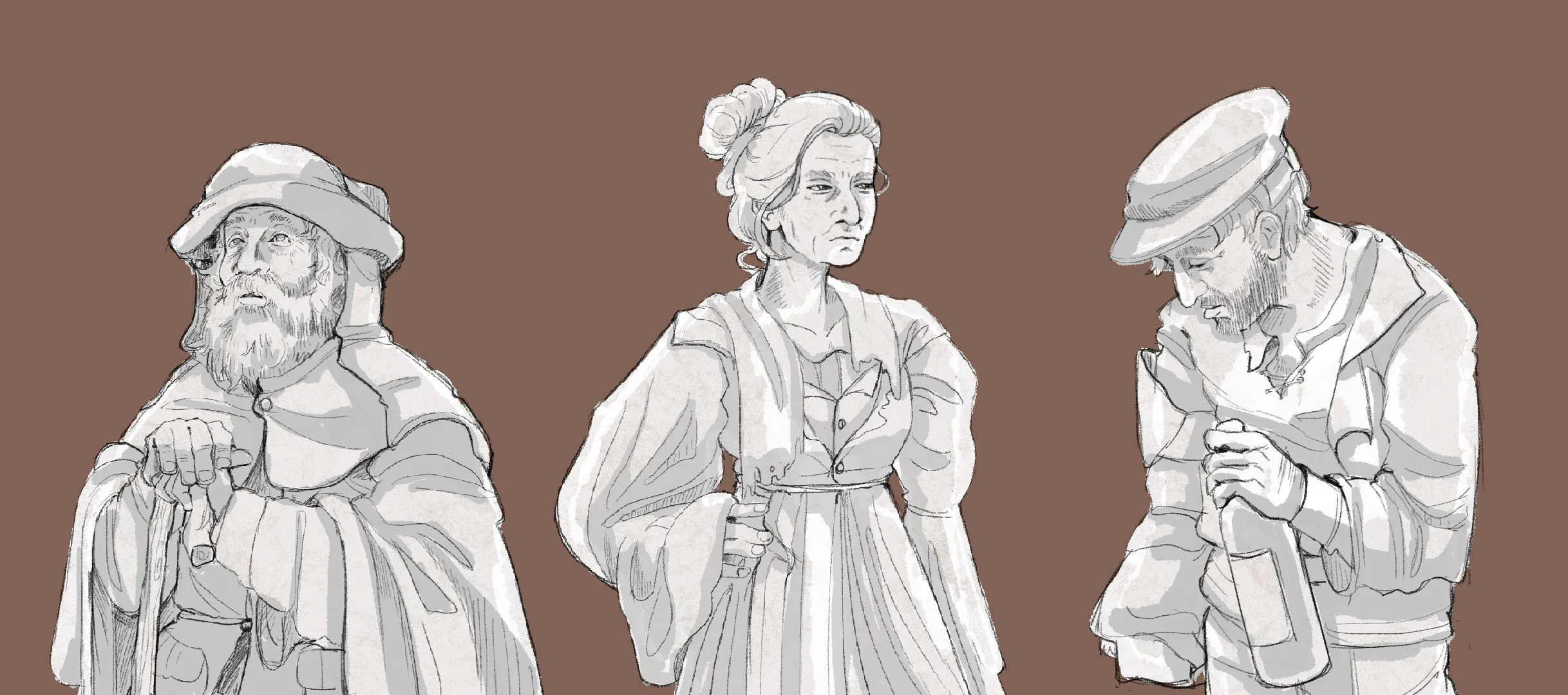 Bocetos conceptuales de tres personajes: un anciano barbado con bastón, una mujer mayor con vestido de época y un hombre con gorra sosteniendo una botella.