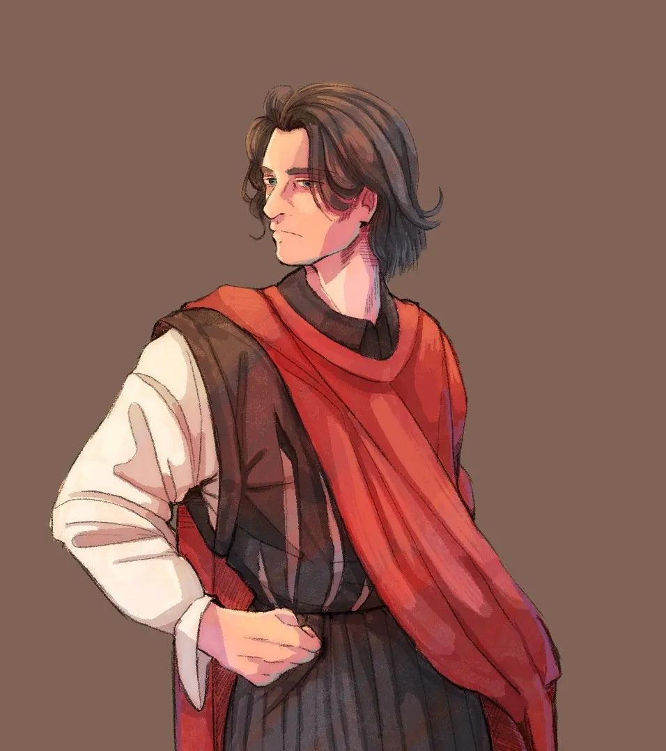 Ilustración del protagonista de Trovador, un joven de pelo largo castaño con túnica oscura y fajín rojo, de perfil.