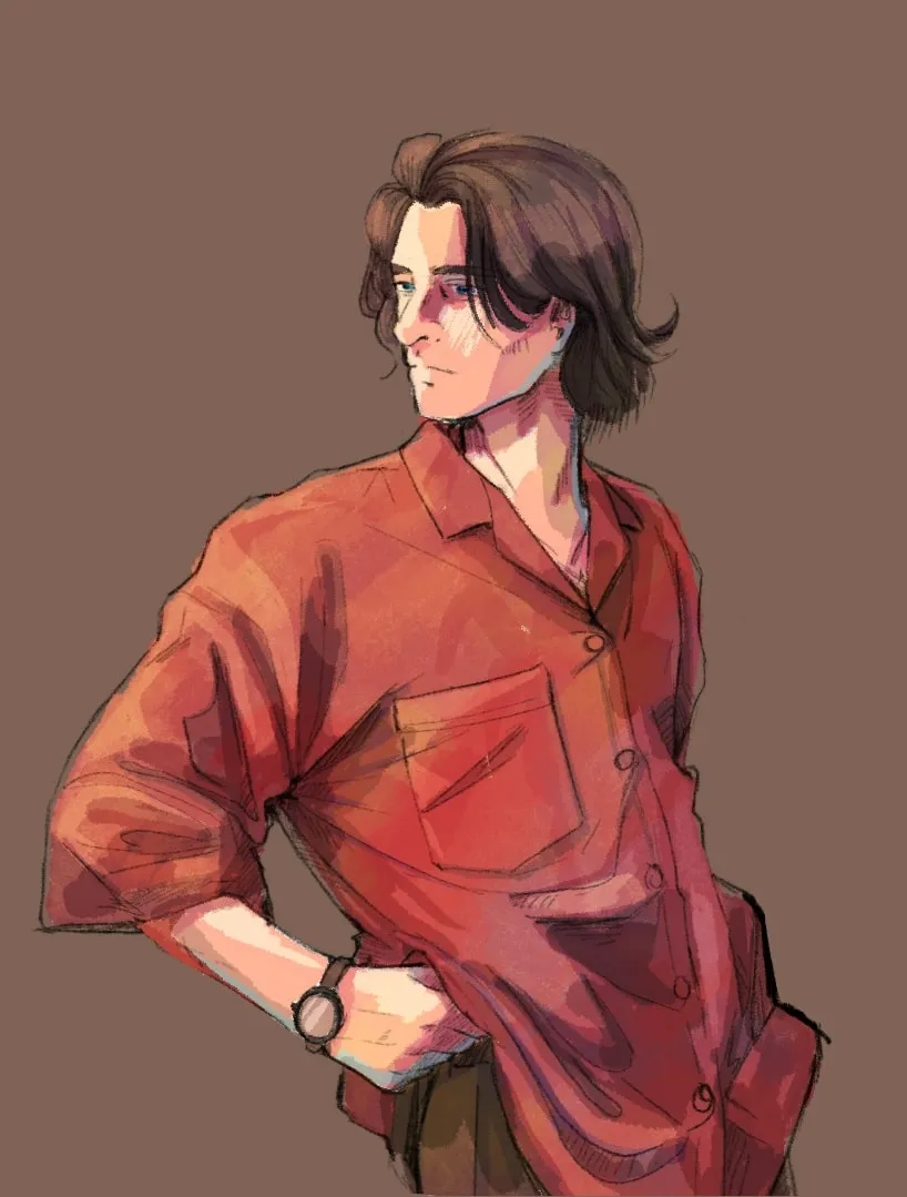 Ilustración del protagonista de Trovador con camisa roja y reloj de pulsera, mirando de lado.